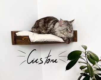 Cat Bed Wall Mounted, Cat Shelf with Cushion, Wood Indoor Cat Furniture with Cat Shelves and Perches, Climbing Cat Perch for Wall