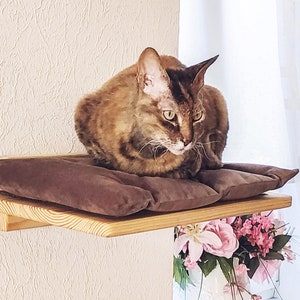 Cat Perch, Wall Mounted Cat Shelf,  Cat shelves, Wooden cat bed with soft cushion, Gift for cat lover,