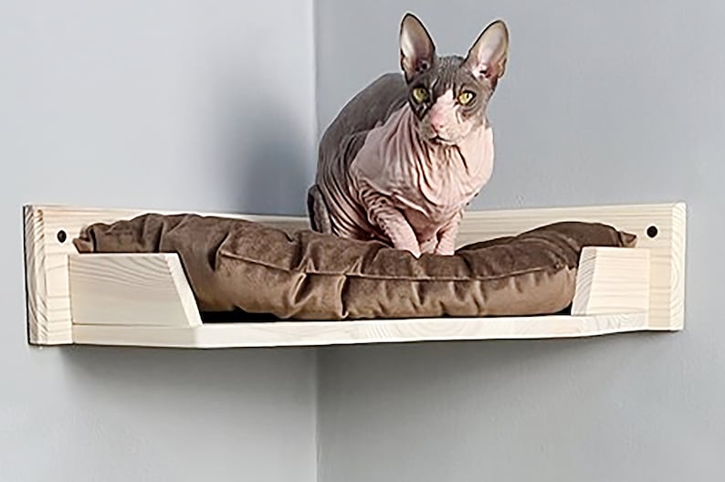 Corner Cat Bed Wall Mounted, Cat Shelf with Cushion, Wood Indoor Cat Furniture with Cat Shelves and Perches, Climbing Cat Perch for Wall image 7
