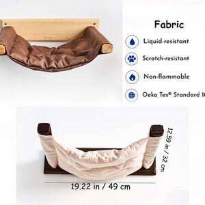 Pode incluir: Uma rede de cama para gatos de cor marrom com uma estrutura de madeira, medindo 49 cm de largura e 32 cm de altura. O tecido &eacute; resistente a l&iacute;quidos, resistente a arranh&otilde;es, n&atilde;o inflam&aacute;vel e certificado pela Oeko Tex&reg; Standard 100.