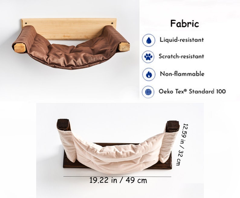 Pode incluir: Uma rede de cama para gatos de cor marrom com uma estrutura de madeira, medindo 49 cm de largura e 32 cm de altura. O tecido &eacute; resistente a l&iacute;quidos, resistente a arranh&otilde;es, n&atilde;o inflam&aacute;vel e certificado pela Oeko Tex&reg; Standard 100.