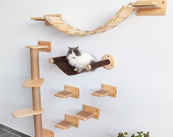 Cat wall furniture, Cat hammock Set, Modern cat furniture, Cat shelves for wall, Cat tree natural wood