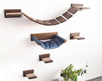 Cat climbing, Cat bed hammock with bridge and wooden steps, Cat shelves, Cat furniture, Cat hammock wall mounted,