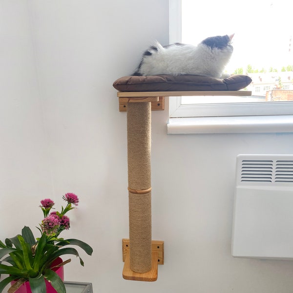 Fensterkatzenbett, Katzenmöbel, Katzenkletterwand, Katzenwandregal, Katzenbaum für Fenster, Katzenwandmöbel Naturholz, Katzenwandregal