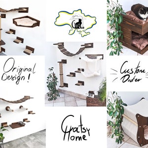 Pode incluir: Uma cole&ccedil;&atilde;o de m&oacute;veis para gatos, incluindo uma &aacute;rvore para gatos de parede com um poste para arranhar, uma cama para gatos com uma almofada e uma casa para gatos com uma porta. Os m&oacute;veis s&atilde;o feitos de madeira e t&ecirc;m um acabamento natural. O texto "Original Design!" e "Custom Order" &eacute; vis&iacute;vel na imagem. O texto "Gratsy Home" tamb&eacute;m &eacute; vis&iacute;vel na imagem.