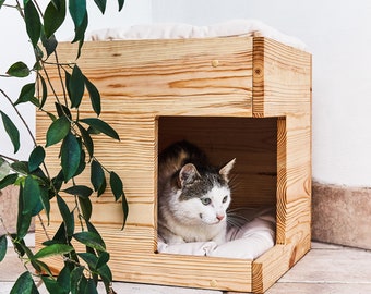 Cat House, Cat Condo, Cat Cave, Cat furniture, Cat bed with soft pillow, Cat home, Dog house natural solid wood, Cat sleeping place