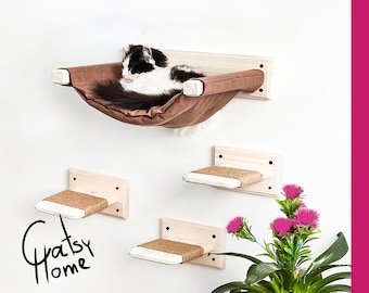 Cute cat hammock, Cat bed wall mounted, Wood cat steps, Wall cat hammock, Cat shelves