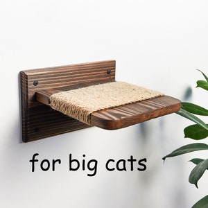 May include: A wooden cat shelf with a sisal rope surface, mounted on a wall. The shelf is dark brown and has a natural wood grain. The text "for big cats" is written below the shelf.