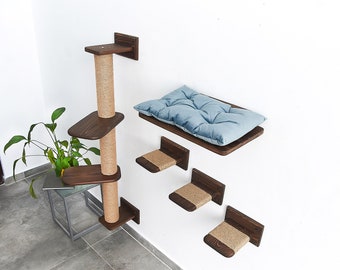 Cat wall furniture and with scratching post, Wall-mounted natural wood cat playground with soft cushion