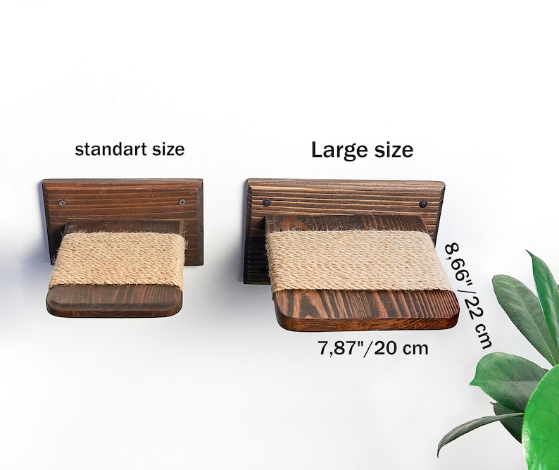 May include: Two wooden cat shelves with sisal rope, one is 7.87 inches wide and 20 cm long, the other is 8.66 inches wide and 22 cm long. The shelves are mounted on a white wall.