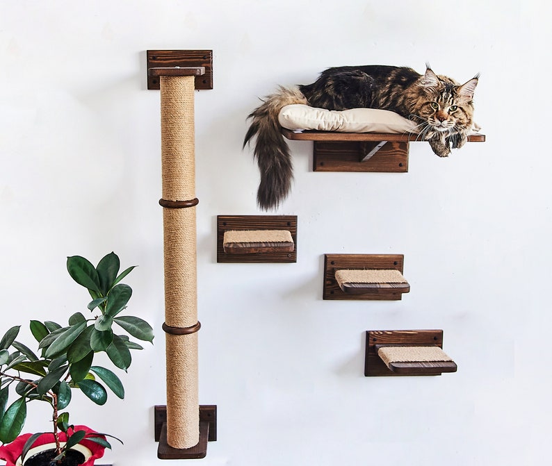 May include: A wall-mounted cat tree with a scratching post, a platform, and two shelves. The cat tree is made of wood and has a brown finish. The scratching post is covered in sisal rope. The platform and shelves are covered in a beige fabric. A cat is lying on the platform.