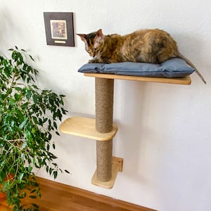 Cat shelves for activity, Cat tower, Cat shelf & scratching for climbing made of natural solid wood, Cat climbing pole