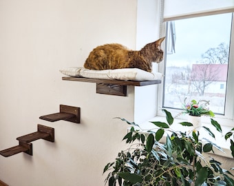 Cat window perch, Cat shelves, Cat wall furniture natural wood, Cat bed wall with pillow,  Floating cat shelf