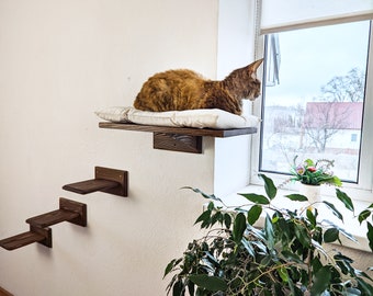 Cat window perch, Cat shelves, Cat wall furniture natural wood, Cat bed wall with pillow,  Floating cat shelf