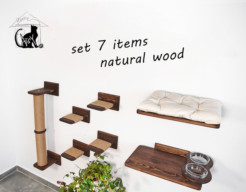 May include: Set of 7 natural wood cat furniture items, including a scratching post, shelves, and a bed. The set is mounted on a white wall.