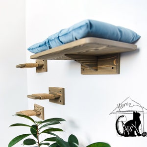4 étagères pour chat en bois naturel avec coussin moelleux, lit mural pour chat, étagère flottante pour chat, lit mural pour chat avec oreiller