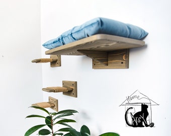 4 рс Cat shelf bed from natural wood with soft cushion, Wall mounted cat bed, Floating cat shelf, Wall cat bed with pillow