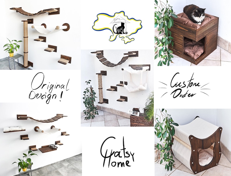 May include: A collection of cat furniture, including a wall-mounted cat tree with a hammock, a scratching post, and shelves, a custom cat bed with a brown wooden frame and a white cushion, and a cat house with a brown wooden frame and a white cushion. The text "Original Design!" and "Custom Order" are visible in the image.
