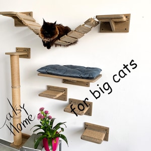 May include: A wooden cat tree with a bridge, a scratching post, and multiple platforms. The cat tree is designed for larger cats and has the text "Catsy Home" and "for big cats" written on the wall.