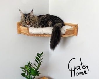 Corner Cat Bed Wall Mounted, Cat Shelf with Cushion, Wood Indoor Cat Furniture with Cat Shelves and Perches, Climbing Cat Perch for Wall