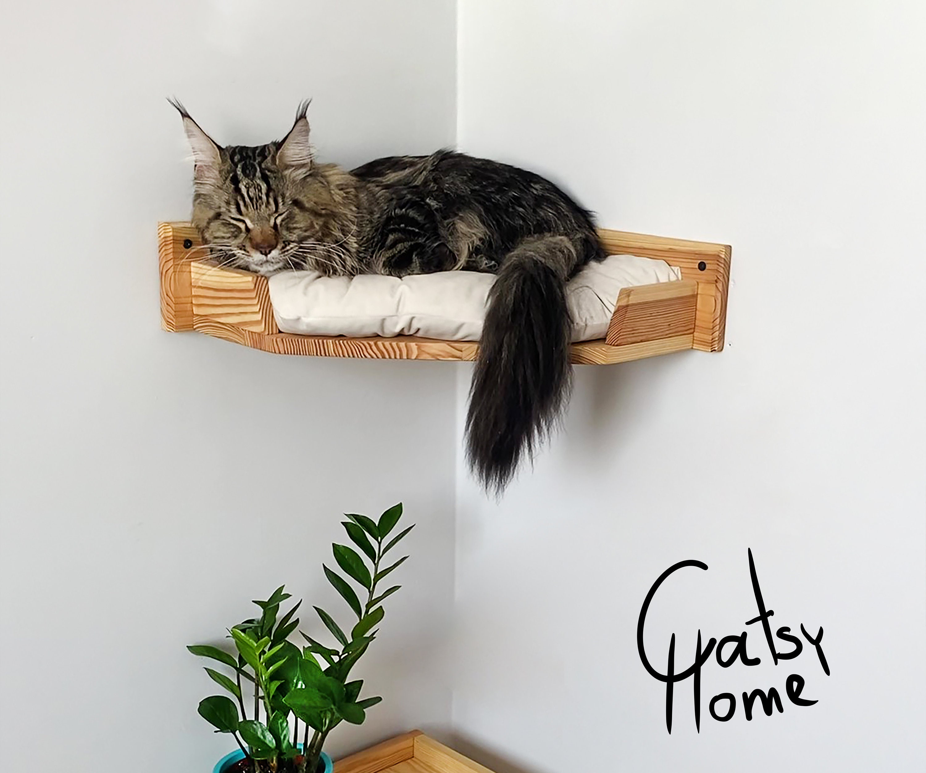 Corner Cat Bed Wall Mounted, Cat Shelf with Cushion, Wood Indoor Cat Furniture with Cat Shelves and Perches, Climbing Cat Perch for Wall