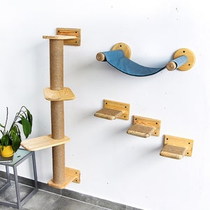 Cat wall furniture and cat activity tree with scratching post, Wall-mounted natural wood cat playground with soft cushion