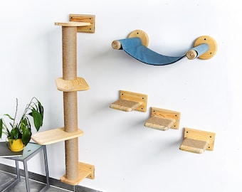 Cat wall furniture and cat activity tree with scratching post, Wall-mounted natural wood cat playground with soft cushion
