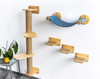 Cat wall furniture and cat activity tree with scratching post, Wall-mounted natural wood cat playground with soft cushion