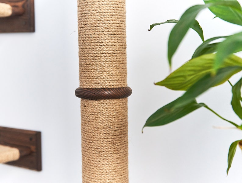May include: Close-up of a natural sisal rope-covered scratching post for cats. The post has a brown wooden ring around it.