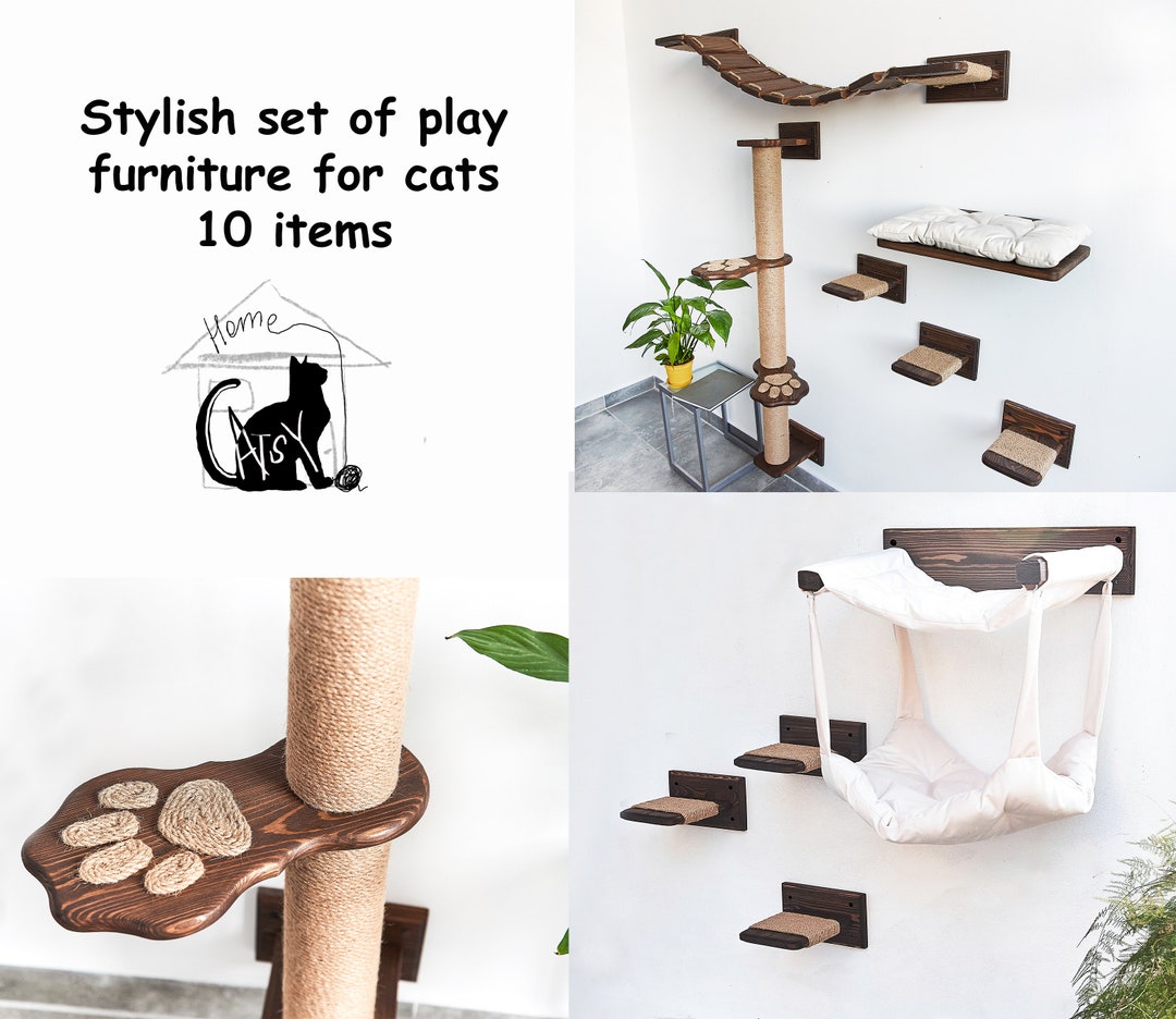 Cat Furniture SET 10 Pc Cat Tree Natural Wood Cat Shelf Cat Etsy