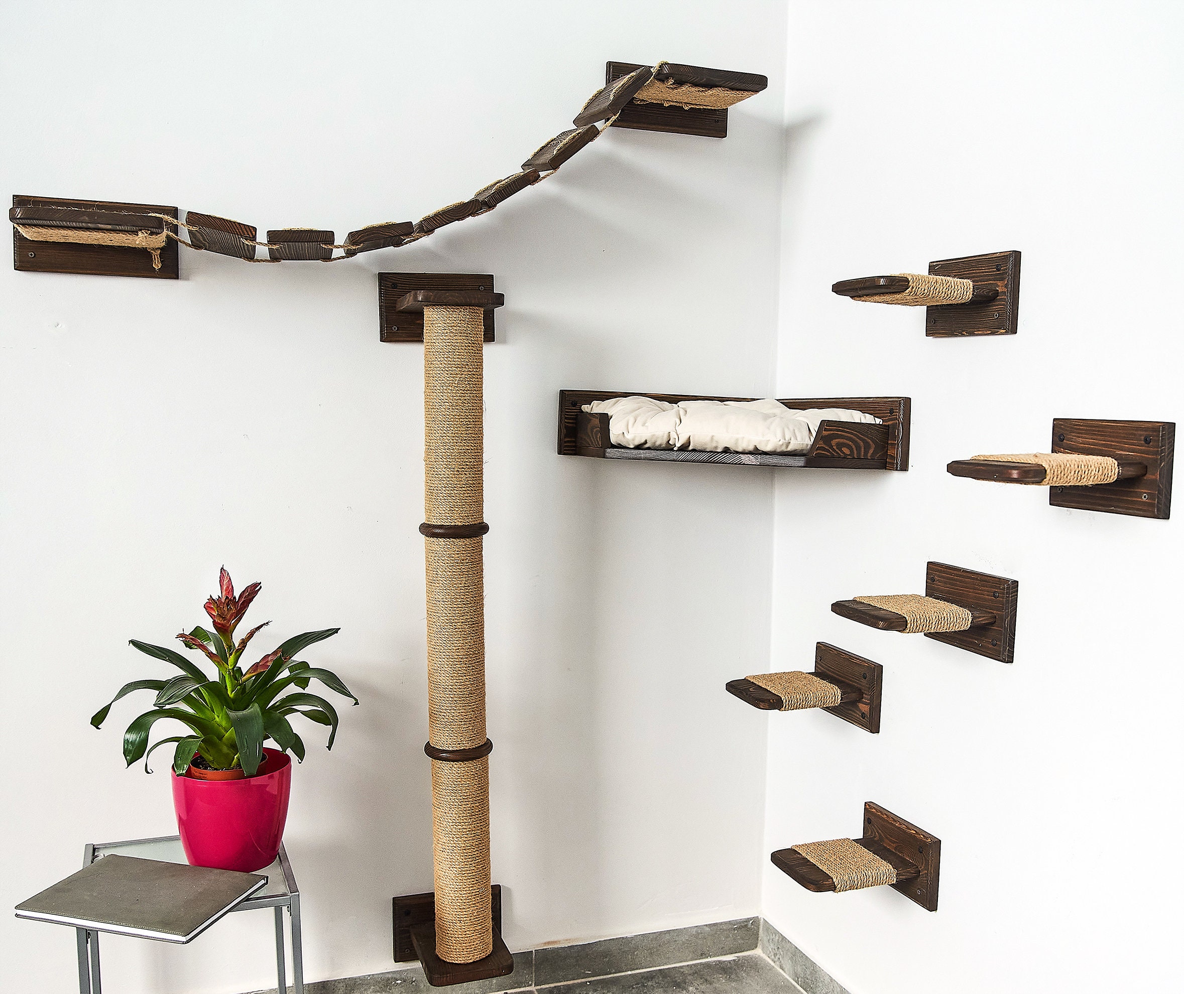 SET cat furniture 8 pc with a cozy corner cat bed, Cat sisal scratching post, Cat shelves made of natural wood for climbing
