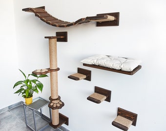 Cat Furniture SET, Cat Shelf, Cat Tree Natural Wood, Cat Scratching, Cat Bed Wall with Soft Cushion, Cat Climbing Pole, Cat Bridge