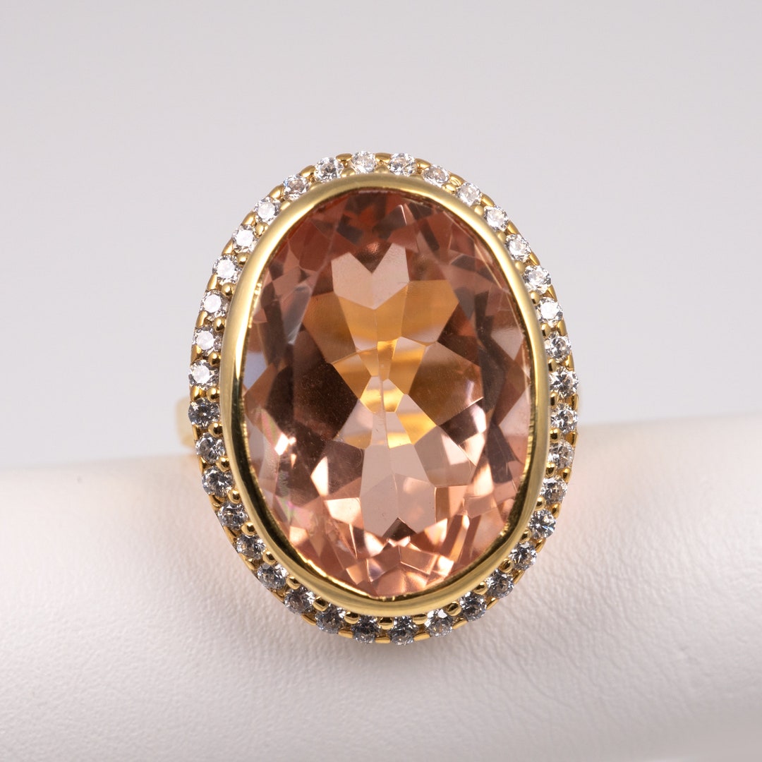 18k Gold Oval Cut Diamond Halo Statement Ring, Custom Made