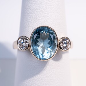 18K Gold Certified Aquamarine Diamond Accent Ring, Natural Oval Cut Brazilian Aquamarine Bezel Rub Over Setting, Fine Jewellery Shop UK