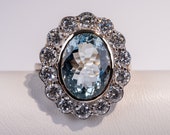 Ladies Aquamarine Diamond Halo Ring, Blue Stone Ring, Blue Gemstone Ring, Raw Stone Ring, Aquamarine Jewellery, Custom Ring, Fine Jewelry