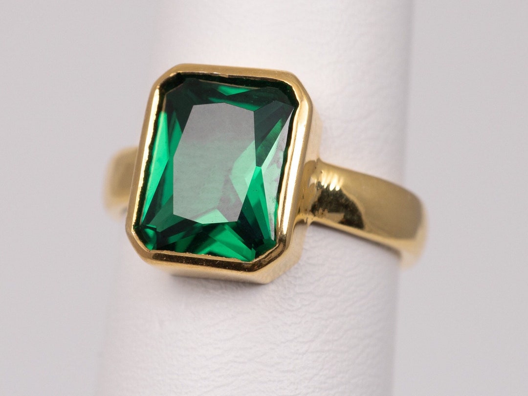 Solid Gold Emerald Solitaire Ring, Lab Rings, Custom Made Yellow Rose