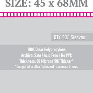 May include: Sleeve Kings Mini Euro card sleeves. The packaging is white and gray with black and pink text. The text includes the size: 45 x 68mm, and the quantity: 110 sleeves.