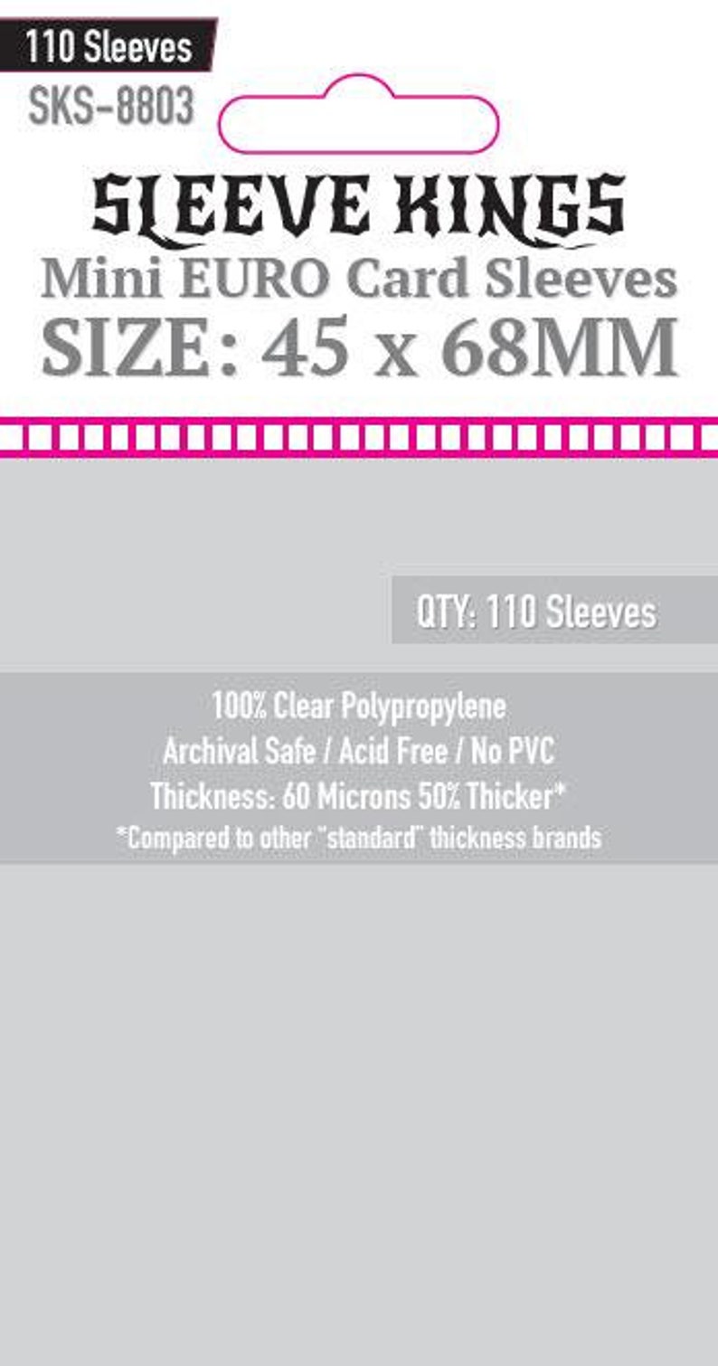 May include: Sleeve Kings Mini Euro card sleeves. The packaging is white and gray with black and pink text. The text includes the size: 45 x 68mm, and the quantity: 110 sleeves.