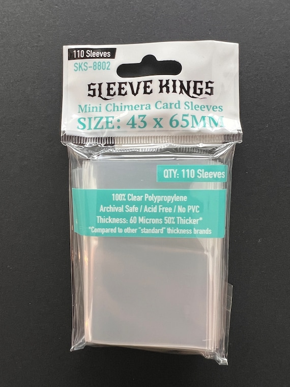 mini card sleeve size Euro Sleeves (45x68mm) Standard 7035 or Premium 7080 and depending on the type of person you are you will either use them sparingly or in every game you own 60-Pack) KMC Sleeves MINI Character