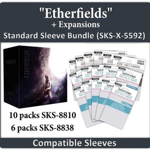 May include: A product bundle for the game "Etherfields" with expansions, including a box and multiple packs of card sleeves. The text on the packaging indicates various sizes, including 100 x 100mm and 63.5 x 88mm.