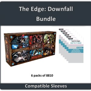 May include: The Edge: Downfall Bundle board game box with six packs of 8810 compatible card sleeves. The sleeves are clear, protective, and measure 63.5 x 88 mm.