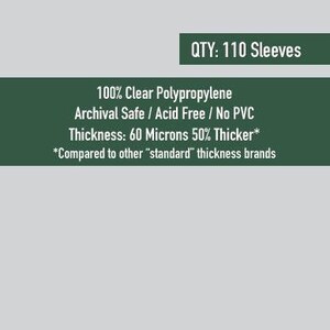 May include: Package of Sleeve Kings card sleeves, featuring the text "WOTR" and product details. The package includes 110 sleeves, made of clear polypropylene, archival safe, acid-free, and no PVC. The sleeves are 70mm x 120mm.