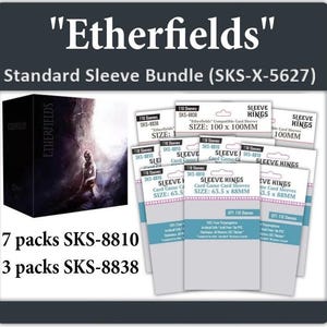 May include: A standard sleeve bundle for card games, featuring the text "Etherfields." The image shows a black box and several packs of card sleeves with the text "Sleeve Kings." The bundle includes 7 packs of SKS-8810 and 3 packs of SKS-8838.
