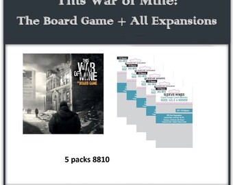 May include: Five packs of 8810 size card sleeves for the board game This War of Mine: The Board Game + All Expansions. The sleeves are clear and have a blue and white label with the text "Sleeve Kings" and "Card Game Card Sleeves".