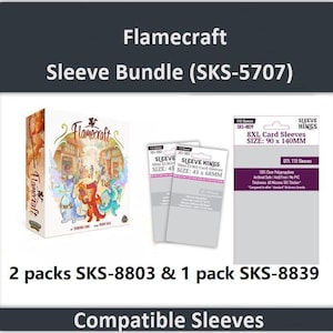 May include: A Flamecraft Sleeve Bundle (SKS-5707) product image. The image shows a game box with colorful fantasy art, two packs of Mini Euro card sleeves, and a pack of 8XL card sleeves. The 8XL sleeves measure 3.5 x 5.5 inches.