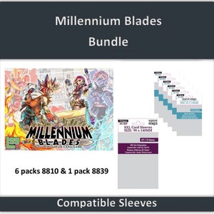 Puede incluir: Paquete de juego de cartas Millennium Blades. La imagen muestra un paquete de accesorios para juegos de cartas, que incluye fundas para cartas y paquetes de cartas. El texto en las fundas de cartas dice "8XL Card Sleeves SIZE: 90 x 140MM". El paquete incluye 6 paquetes de 8810 y 1 paquete de 8839.