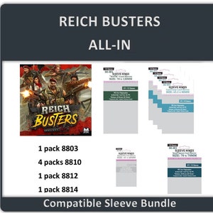 May include: A bundle of card sleeves for the game "Reich Busters". The image shows the game box art, along with several packs of card sleeves in various sizes. The text "Compatible Sleeve Bundle" is at the bottom.