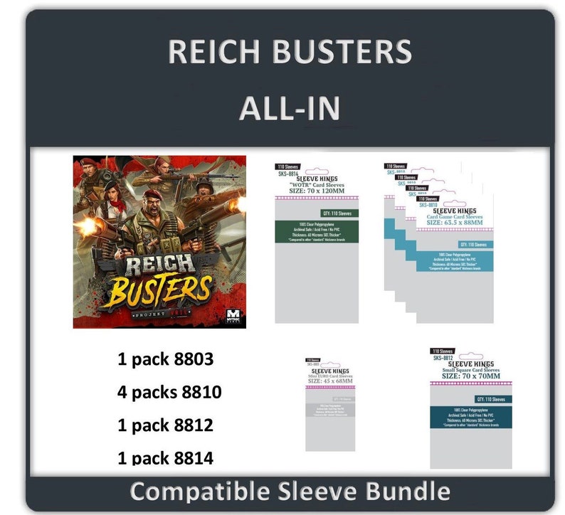 May include: A bundle of card sleeves for the game "Reich Busters". The image shows the game box art, along with several packs of card sleeves in various sizes. The text "Compatible Sleeve Bundle" is at the bottom.