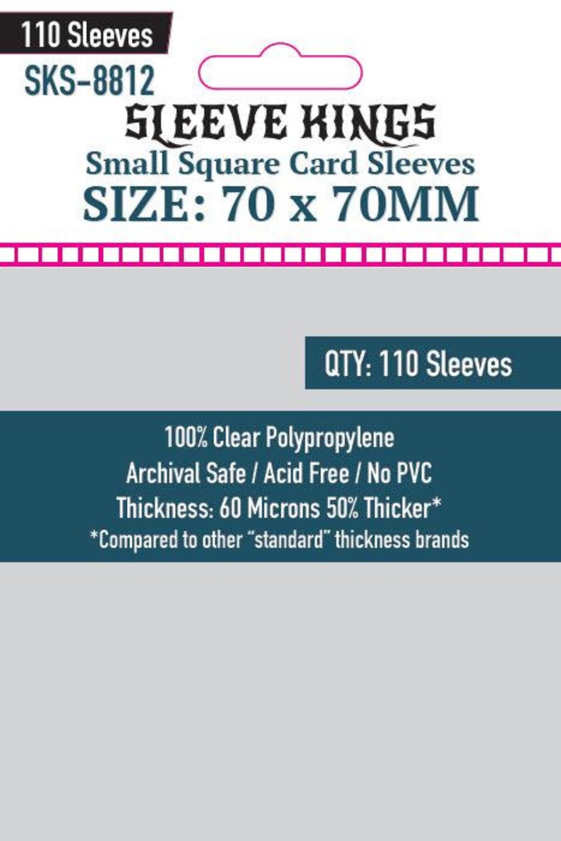 May include: A package of Sleeve Kings small square card sleeves. The package is white and gray with the text "SLEEVE KINGS" and "SIZE: 70 x 70MM". It contains 110 sleeves made of clear polypropylene, archival safe, acid-free, and no PVC.