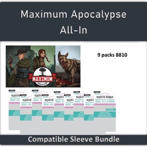 Puede incluir: Un paquete de 9 paquetes de fundas para cartas para el juego de mesa Maximum Apocalypse. Las fundas son compatibles con las cartas Mini Chimera y miden 43 x 65 mm. La imagen muestra las fundas y un gráfico de los personajes del juego.